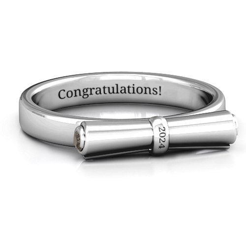 Diploma Scroll Graduation Ring – Sterling Silver with Smokey Quartz