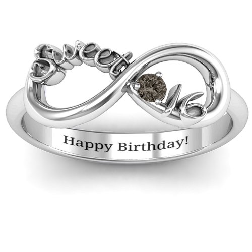 Sweet 16 with Birthstone Infinity Ring – Sterling Silver with Smokey Quartz