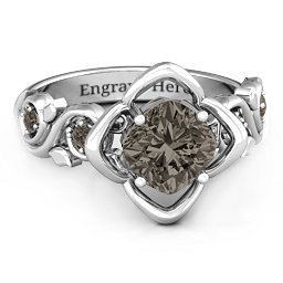 Cushion on Flowers Ring in 925 Sterling Silver with Smokey Quartz