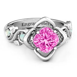 Cushion on Flowers Ring in 925 Sterling Silver with Pink Tourmaline and Opal