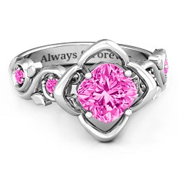 Cushion on Flowers Ring in 925 Sterling Silver with Pink Tourmaline