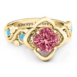 Cushion on Flowers Ring in 9K Solid Yellow Gold with Red Premium Zirconia and Blue Topaz