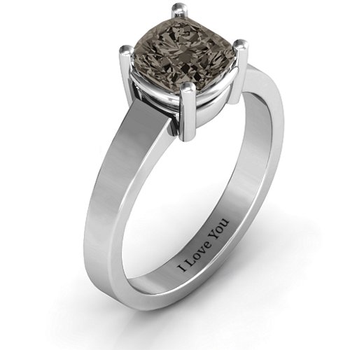 Cushion Cut Solitaire Ring – Sterling Silver with Smokey Quartz