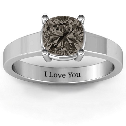 Cushion Cut Solitaire Ring – Sterling Silver with Smokey Quartz