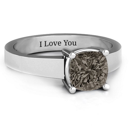 Cushion Cut Solitaire Ring – Sterling Silver with Smokey Quartz