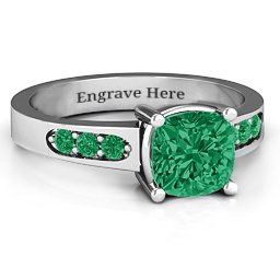 Cushion Cut Solitaire with Accents Ring in 925 Sterling Silver with Green Premium Zirconia and Emerald