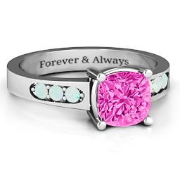 Cushion Cut Solitaire with Accents Ring in 925 Sterling Silver with Pink Tourmaline and Opal