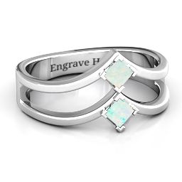 Peaks and Valleys Geometric Ring With Princess Stones in 925 Sterling Silver with Opal