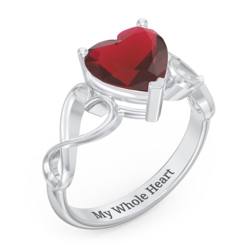 Heart Shaped Stone with Interwoven Heart Infinity Band Ring – Sterling Silver with Red Premium Zirconia