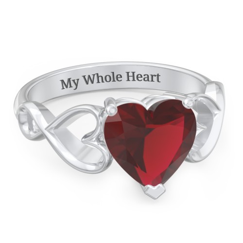 Heart Shaped Stone with Interwoven Heart Infinity Band Ring – Sterling Silver with Red Premium Zirconia