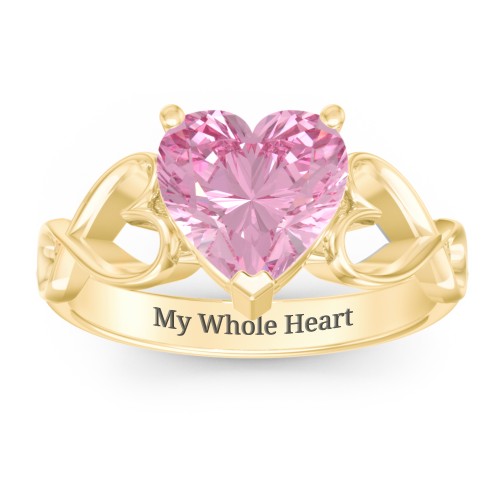 Heart Shaped Stone with Interwoven Heart Infinity Band Ring – 9kt Yellow Gold with Fancy Pink Premium Zirconia