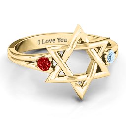 Classic Star of David Ring in 9K Solid Yellow Gold with Garnet and Aquamarine