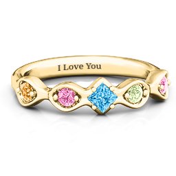 Infinite Wave with Princess Cut Centre Stone Ring in 9K Solid Yellow Gold with Blue Topaz, Citrine, Pink Tourmaline, and Peridot