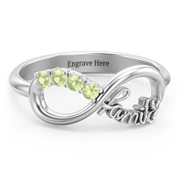 Family Infinite Love with Stones Ring in 925 Sterling Silver with Peridot, Cubic Zirconia, Aquamarine, and Pink Tourmaline