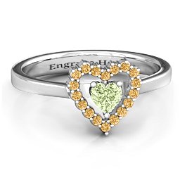 Heart in Heart Halo Ring in 925 Sterling Silver with Peridot and Fancy Yellow Premium Zirconia