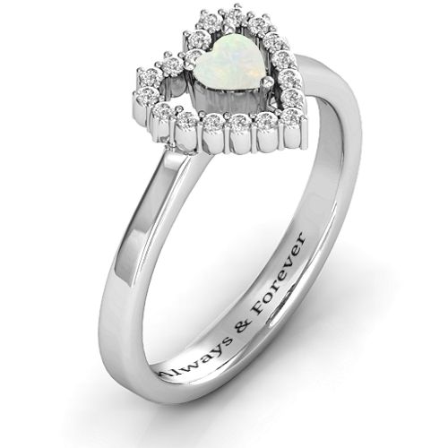 Heart in Heart Halo Ring – Sterling Silver with Opal and White Premium Zirconia