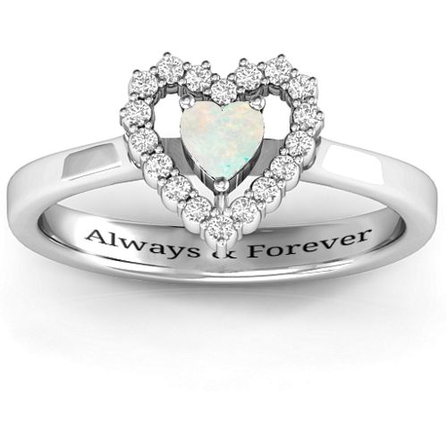 Heart in Heart Halo Ring – Sterling Silver with Opal and White Premium Zirconia