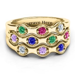 3 Tier Wave Ring in 9K Solid Yellow Gold with Emerald, Ruby, Cubic Zirconia, Amethyst, and Blue Sapphire