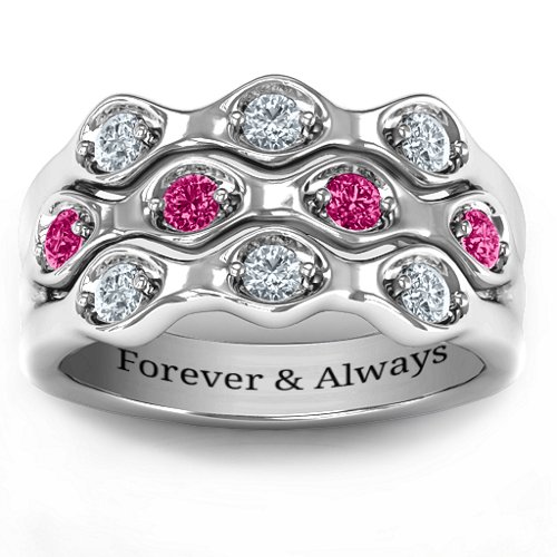 3 Tier Wave Ring – Sterling Silver with Cubic Zirconia and Ruby