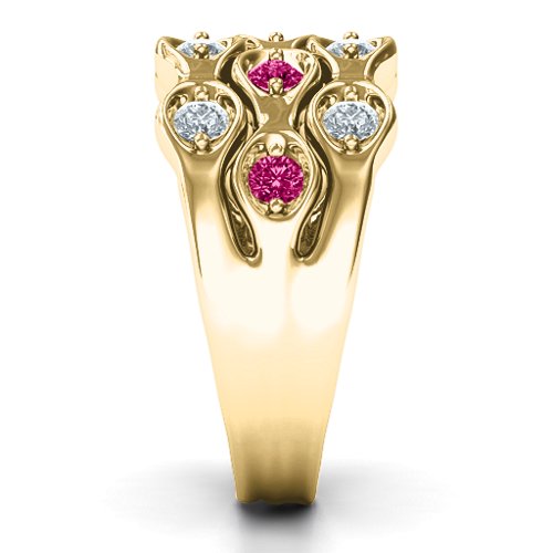3 Tier Wave Ring – 9kt Yellow Gold with Cubic Zirconia and Ruby