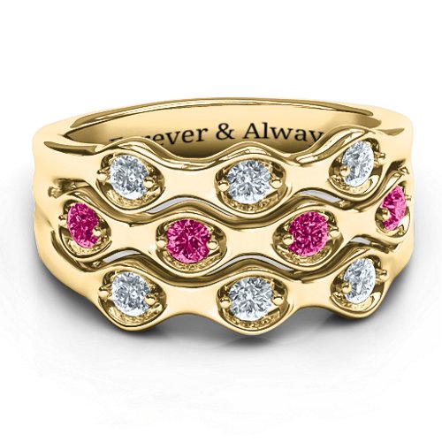 3 Tier Wave Ring – 9kt Yellow Gold with Cubic Zirconia and Ruby