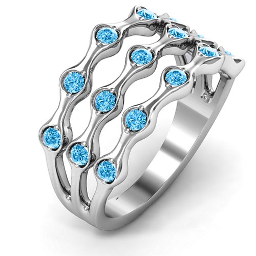Alternating Stone Fashion Wave Ring – Sterling Silver with Blue Topaz