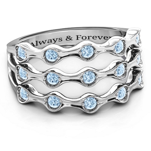 Alternating Stone Fashion Wave Ring – Sterling Silver with Aquamarine