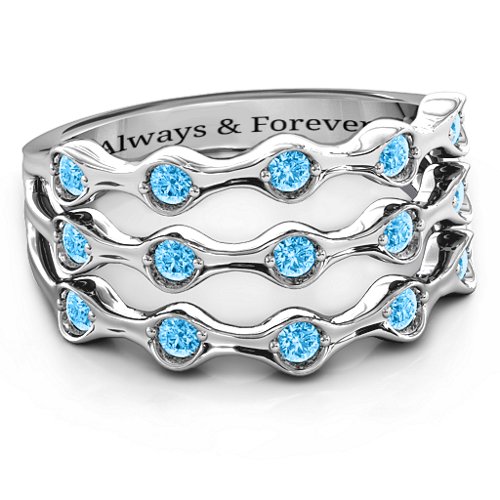 Alternating Stone Fashion Wave Ring – Sterling Silver with Blue Topaz