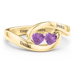 Engravable Double Heart Gemstone Wave Ring