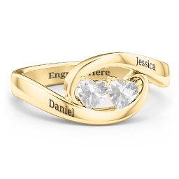 Engravable Double Heart Gemstone Wave Ring
