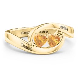 Engravable Double Heart Gemstone Wave Ring