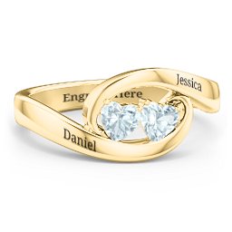Engravable Double Heart Gemstone Wave Ring