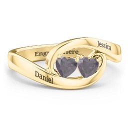 Engravable Double Heart Gemstone Wave Ring