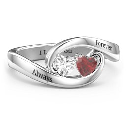 Engravable Double Heart Gemstone Wave Ring