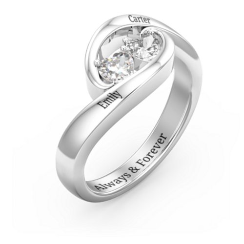 Engravable Double Heart Gemstone Wave Ring