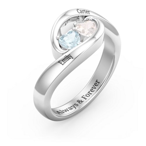 Engravable Double Heart Gemstone Wave Ring – Sterling Silver with Aquamarine and Cubic Zirconia