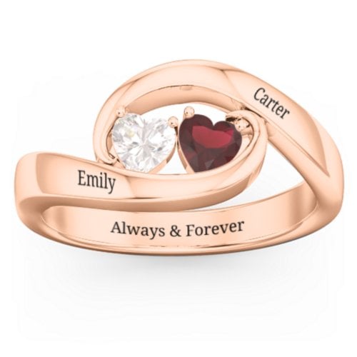 Engravable Double Heart Gemstone Wave Ring – 9kt Rose Gold with Cubic Zirconia and Garnet