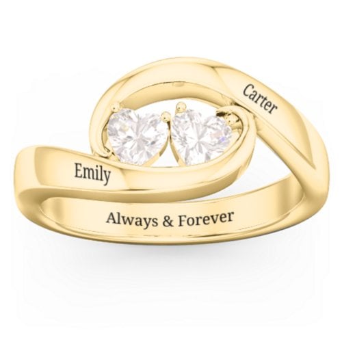 Engravable Double Heart Gemstone Wave Ring – 9kt Yellow Gold with Cubic Zirconia