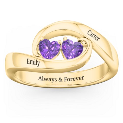 Engravable Double Heart Gemstone Wave Ring