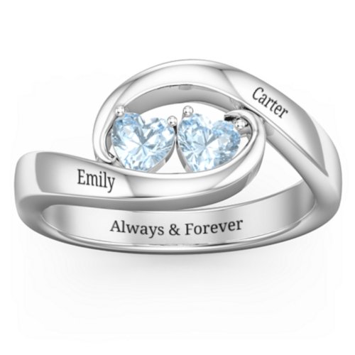 Engravable Double Heart Gemstone Wave Ring