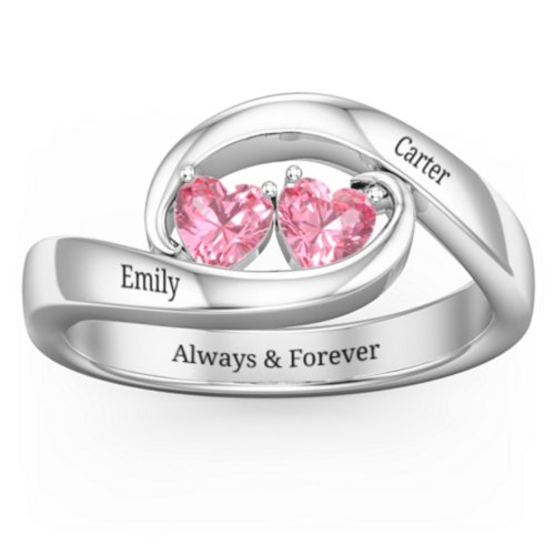 Engravable Double Heart Gemstone Wave Ring