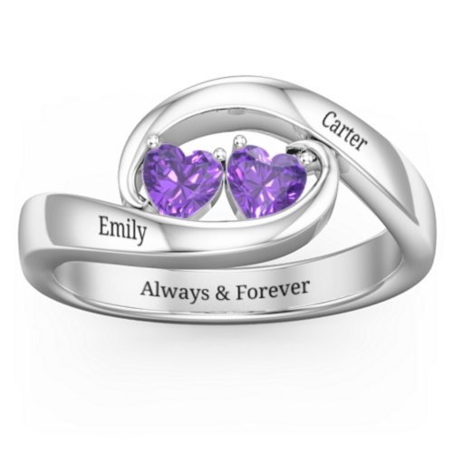 Engravable Double Heart Gemstone Wave Ring