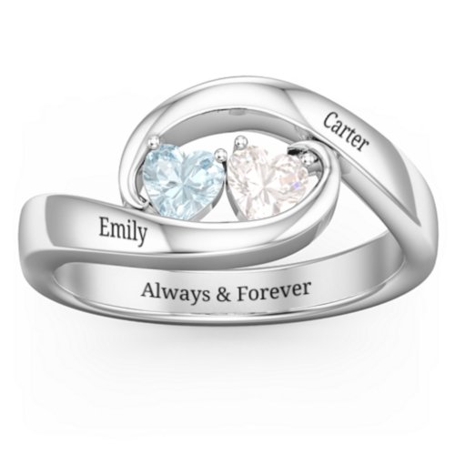 Engravable Double Heart Gemstone Wave Ring – Sterling Silver with Aquamarine and Cubic Zirconia
