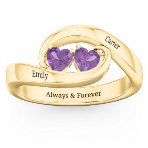 Engravable Double Heart Gemstone Wave Ring – 18K Gold Plated Silver with Amethyst