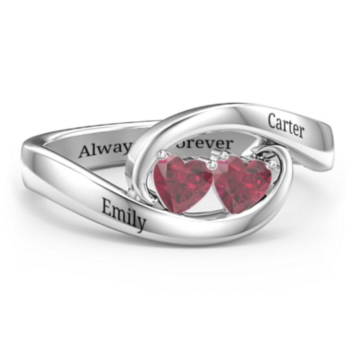 Engravable Double Heart Gemstone Wave Ring