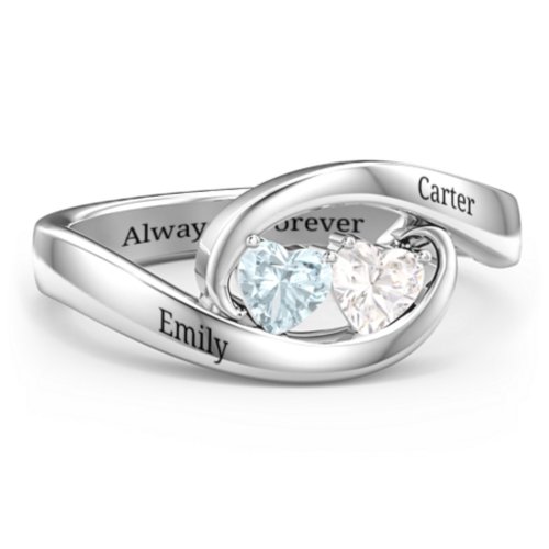 Engravable Double Heart Gemstone Wave Ring – Sterling Silver with Aquamarine and Cubic Zirconia