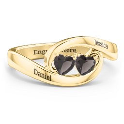 Engravable Double Heart Gemstone Wave Ring in 18K Gold Plated Silver with Smokey Quartz