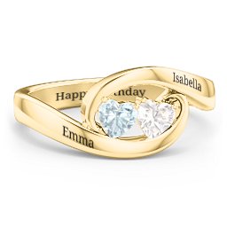 Engravable Double Heart Gemstone Wave Ring in 18K Gold Plated Silver with Aquamarine and Cubic Zirconia
