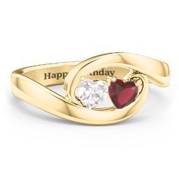Engravable Double Heart Gemstone Wave Ring in 18K Gold Plated Silver with Cubic Zirconia and Garnet