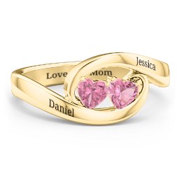 Engravable Double Heart Gemstone Wave Ring in 18K Gold Plated Silver with Pink Tourmaline